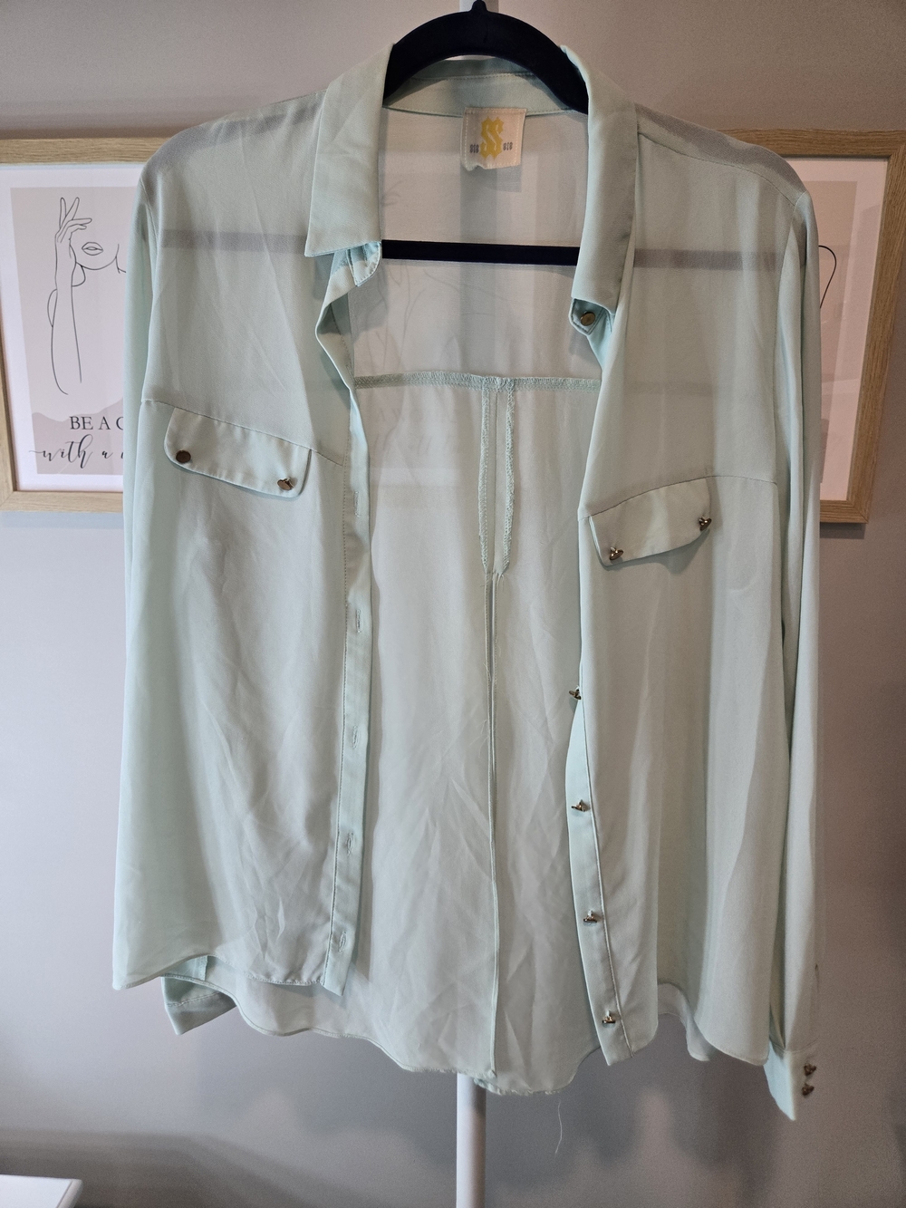 Light Mint Button-Front Women's Blouse with Chest Pockets